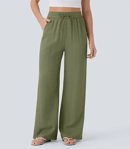 Neu mit Etikett Halara Hose hoher Bund Kordelzug Tasche weites Bein Leinenmischung Größe L - Bild 1 von 8