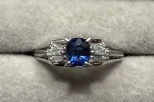 Platinum Sapphire And Baguette Diamond Ring - Picture 1 of 8