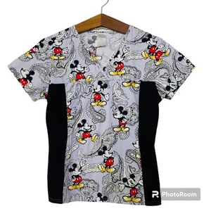 Disney Scrub Top S Mickey Mouse V-Neck Hidden Pockets Color Block Stretch Side - Picture 1 of 9