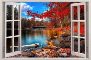 Autumn Lakeside 3D Window View Decal WALL STICKER Decor Art Mural Scenery Nature - Picture 1 of 1