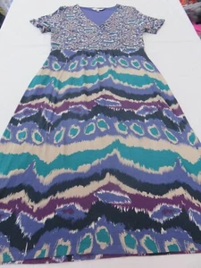 EAST QUIRKY PURPLE TEAL ISH HOTCHPOTCH PATTERN JERSEY SHORT SLEEVE DRESS UK 12 - Picture 1 of 18