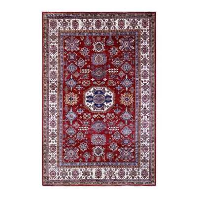 6'1"x9'3" Currant Red Hand Knotted Super Kazak Geometric Oriental Rug R89301 - Image 1 of 4