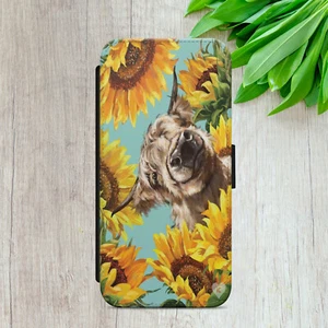 FLIP CASE FOR IPHONE SAMSUNG GOOGLE HIGHLAND COW FLORAL GIFT WALLET PHONE COVER - Picture 1 of 9