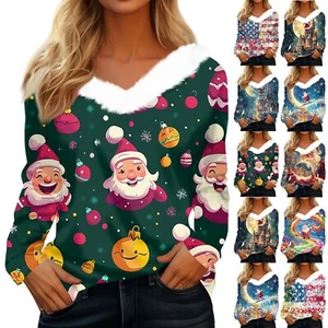 Long Sleeve Shirts For Women Cute Tops Christmas Prints Tees Blouses Casual - Picture 1 of 36