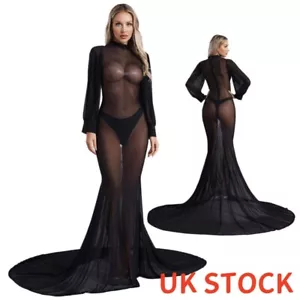 UK Womens Lightweight Maxi See Through High Collar Dress Court Train Clubwear - Picture 1 of 26