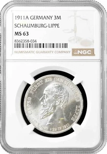 Schaumburg-Lippe 3 mark 1911 A, NGC MS63, "Prince Albrecht Georg (1893 - 1911)" - Picture 1 of 2