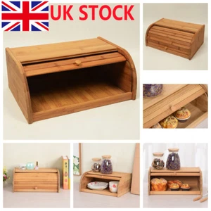 Natural Bamboo Bread Bins WOODEN Bread Storage Box W/ Roll Up OR Drop Down Lid - Picture 1 of 12