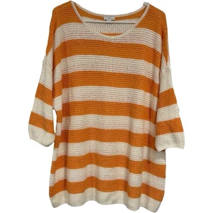 Suéter J. Jill Talla XL Tejido Abierto Naranja Blanco Rayas Pullover Algodón Nylon - Imagen 1 de 4