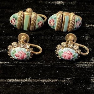 2 Pair Of Vintage Blue & Pink Rose Guilloche Rhinestone Screw Back Earrings - Picture 1 of 6