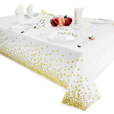 Plastic Tablecloth for parties, Gold, white dot decorations disposable - Image 1 of 4