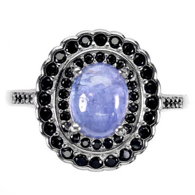 925 Argento Sterling Ovale Blu Tanzanite 8x6mm Nero Spinello Misura Anello 8 - Immagine 1 di 4