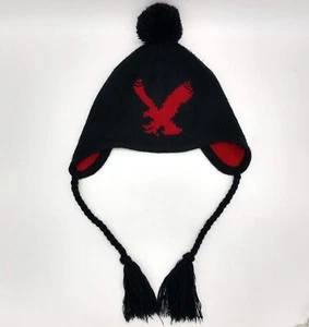 American Eagle Black Knit Red Logo Pom-Pom Snow Ski Beanie Ear Flaps Bobble Hat - Picture 1 of 8