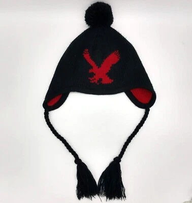 American Eagle Negro Tejido Rojo Logo Pom-Pom Nieve Esquí Gorro Orejeras Bobble Hat Foto 1 de 4