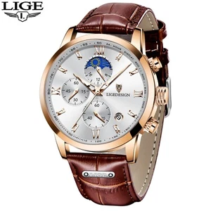 NEW Men's Watch Quartz Luminous Brown Leather Band Classic Wristwatch Waterproof - Picture 1 of 8