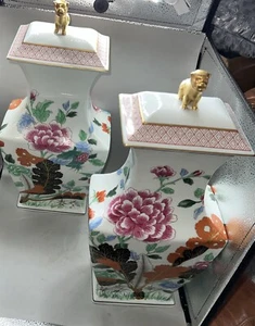 Pair Of Vista Alegre VA Portugal Porcelain Urns Floral Asian Design Foo Dogs 18” - Picture 1 of 14