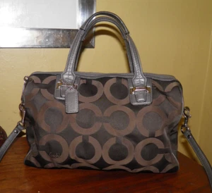 COACH Op Art Logo Handbag Brown Sateen Canvas & Leather Shoulder Bag Purse - Picture 1 of 12