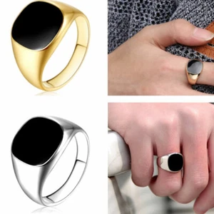 Men's Stainless Steel Ring Band Solid Alloy Biker Signet Ring Black Silver - Picture 1 of 14