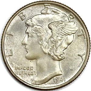 1941 10c Mercury Liberty Head Dime 90% Silver Coin GEM BU FSB Full Bands Rare - Picture 1 of 2