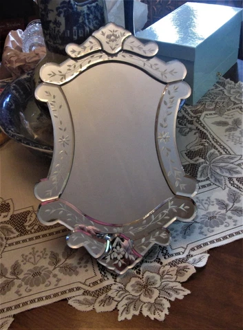 Venetian Wall Mirror Or Vanity Tray Ornate Floral Etched Cut Glass  Art Nouveau Cover