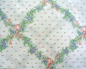 Vintage Thomaston Bed Sheet Double Flat Fabric Floral Flowers Bows No Iron - Bild 1 von 2