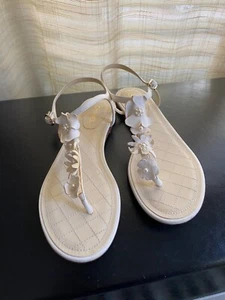 Chanel thong leather sandals flats 37.5-7 white ankle strap mules slides slip on - Picture 1 of 7