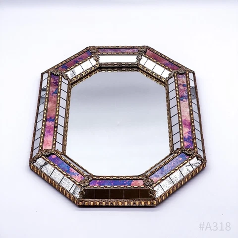 Octagonal Brass Wall Mirror Glamour From Glas-Mosaiken With Floral Decoration Cover