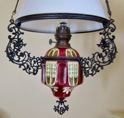 ANTIQUE FRENCH MAJOLICA  ART NOUVEAU HANGING  OIL LAMP CHANDELIER Cover