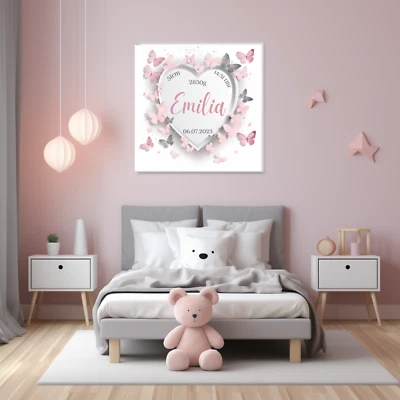HANDGEFERTIGT Baby Geschenk zur Geburt Mädchen personalisiert mit Namen rosa Kinderzimmer Bild