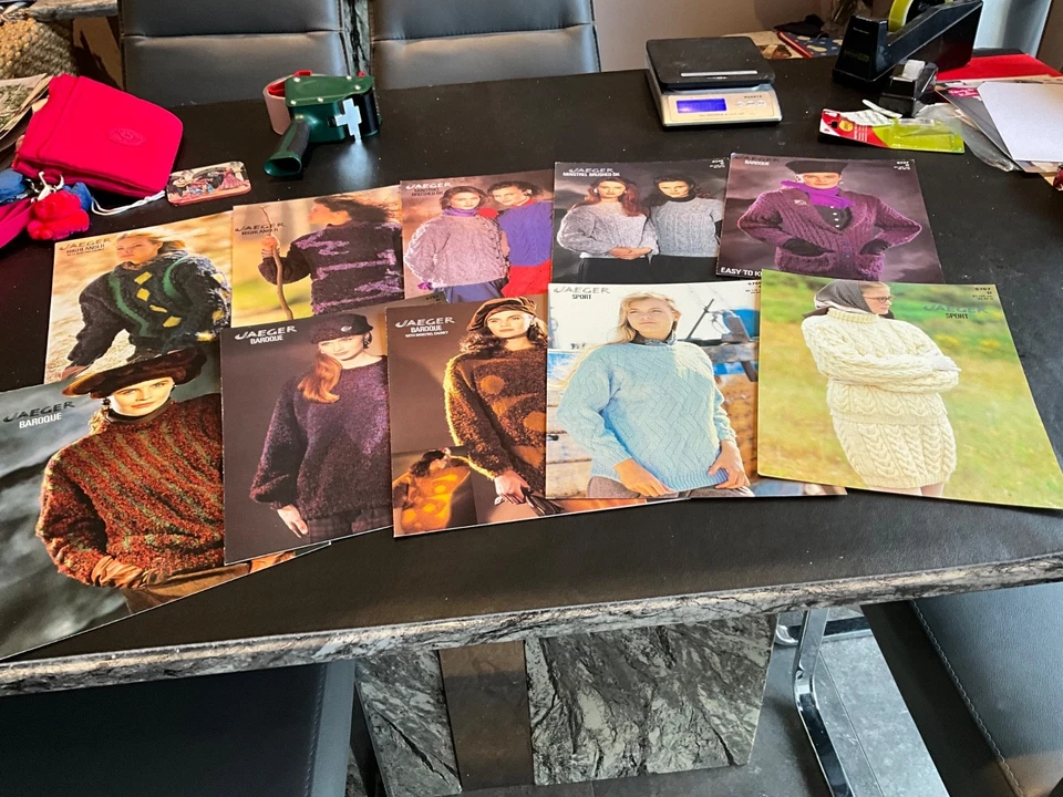 10 JAEGER HAND KNITTING PATTERNS - COSY WINTER SWEATERS CARDIGANS - ARAN SUIT - Image 1 of 4