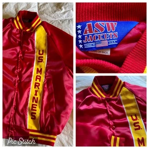 Vintage ASW U.S. MARINES 80s Jacket M Red Satin Varsity Bomber Quilt Lined Snap - Picture 1 of 21