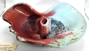 Handmade, Signed, Raku Ikebana - Blue, Burgundy and Green - Picture 1 of 12
