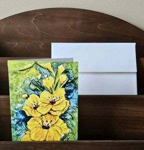NEU Orig Aquarell Druck Grußkarte gelbe Gladiolen auf grün 5x7 mit Umschlag - Bild 1 von 3