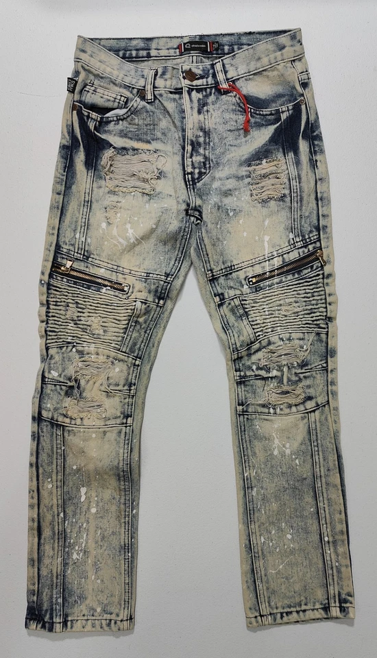 Pantalones de mezclilla ajustados pintados desgastados azules con tono naranja Akademiks para niño talla 12 Foto 1 de 4