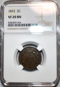 NGC VF-20 BN 1872 Two Cent Piece, Well-Detailed, PQ, Key-Date. - Picture 1 of 2
