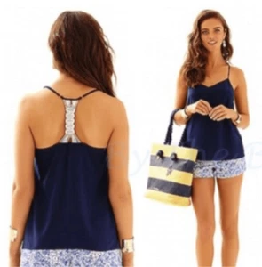 Lilly Pulitzer Navy Silk Macrame Crochet Back Dusk Top Racerback Women’s Size XS - Picture 1 of 9