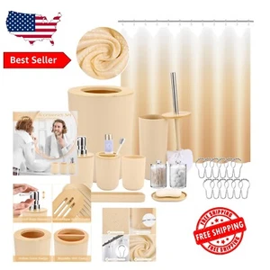 Complete Beige Bathroom Accessory Collection with Water-Resistant Shower Curtain - Picture 1 of 8