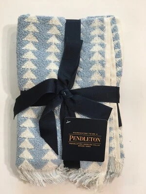 Juego de 2 toallas Pendleton SUNDOWN AZUL CLARO flecos punta 100 % algodón 12”x18” nuevas con etiquetas Foto 1 de 3
