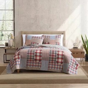 EDDIE BAUER Quilt Set 3-Pcs Cotton Blend King Size Machine Wash Brown Plaid - Picture 1 of 8