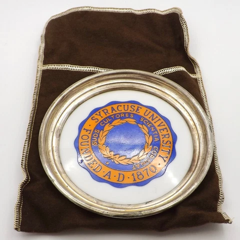 Antique Syracuse University Sterling Silver Ash Tray Dish Box Pouch Howe Jeweler Cover