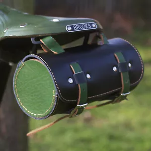 Klassisch Fahrrad Rolle Werkzeugtasche Echtleder Sitz Rahmen Lenker Schwarz Grün - Bild 1 von 8