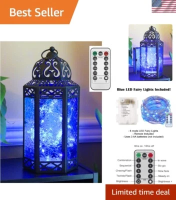 Elegantes soportes para linternas marroquíes de metal negro con luces LED de hadas - tamaño grande Foto 1 de 4