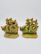 Pair of Vintage Brass Ships Bookends Viking Nautical Schooner Sail Boats 4”