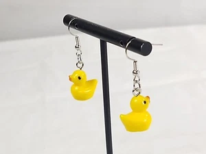 Rubber Ducky Drop Dangle Pierced Earrings Small Mini Yellow Silver Tone Jewelry  - Picture 1 of 13