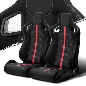 Black PVC Leather/Red Strip/White Stitch Left/Right Recaro Style Racing Seats - Picture 1 of 8