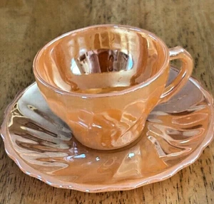 Vintage Anchor Hocking Fire King Peach Luster Swirl Demitasse Cup & Saucer Set - Picture 1 of 7