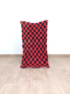 Moroccan Handmade Vintage Runner Rug Checkered Red Black Berber Wool Boujad Rug - Picture 1 of 9
