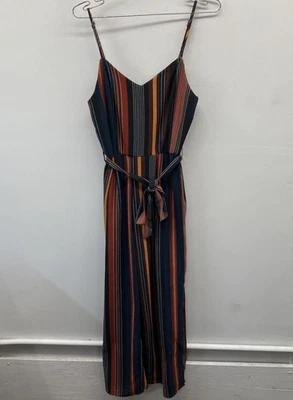 Macacão Monteau Feminino Preto Listra Multicolorido Decote V Cintura Amarrada Tamanho M - Imagem 1 de 4