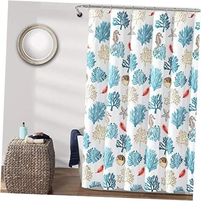  Cortina de chuveiro Coastal Reef Feather, 72"L x 72"L (pacote com 1) azul e coral - Imagem 1 de 4