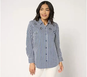 Joan Rivers Red Carpet Button Front Cotton Shirt Embellishment-Blue-2X-A684777 - Picture 1 of 2