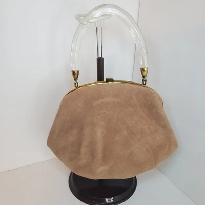 Vtg Morris Moskowitz MM Mad Hatter Beige Wool Felt Hand Bag Clear Lucite Handle - Image 1 of 4